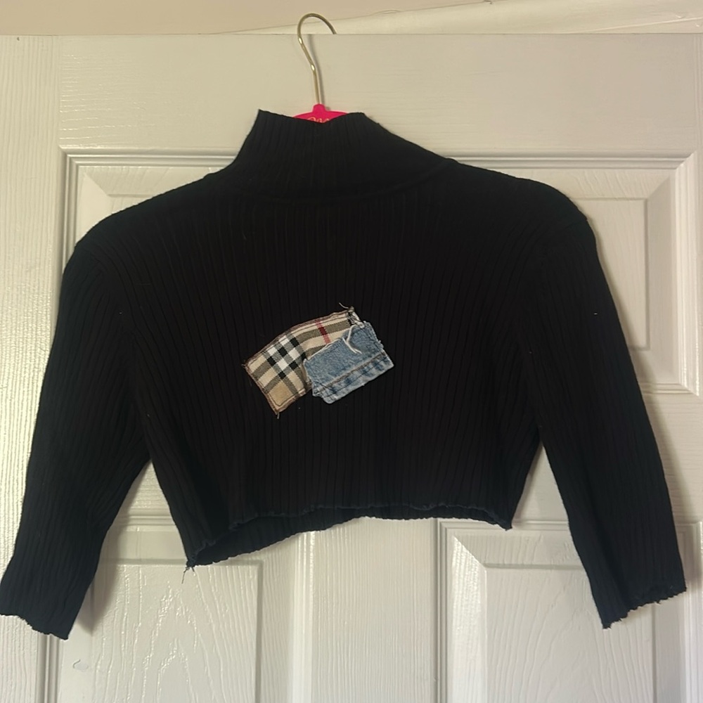 Black cropped denim patchwork top